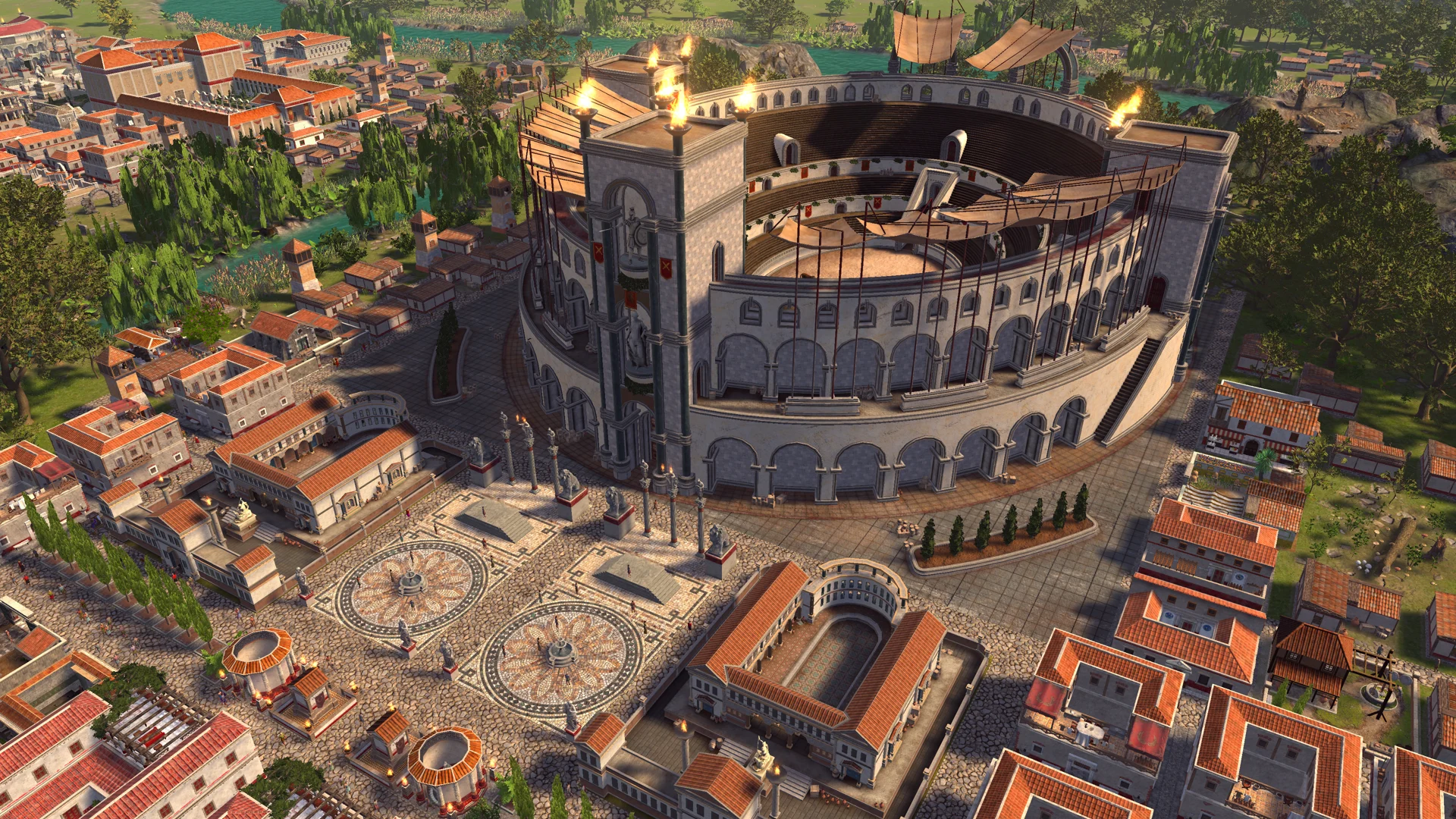 A detailed Roman arena surrounded by streets and neighborhoods in Pompeii: The Legacy